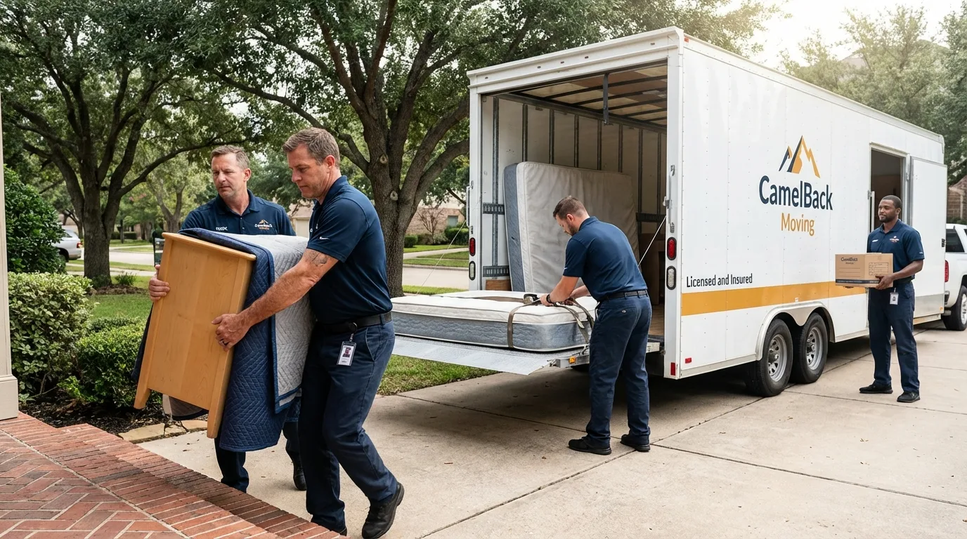 Crew loading residential truck for cross-state move from Iron River, MI