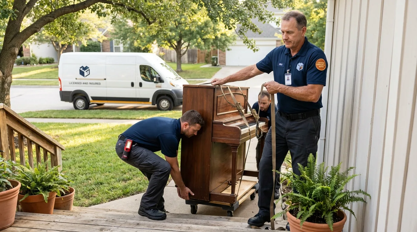 Licensed piano movers securing grand piano in Iron River, MI