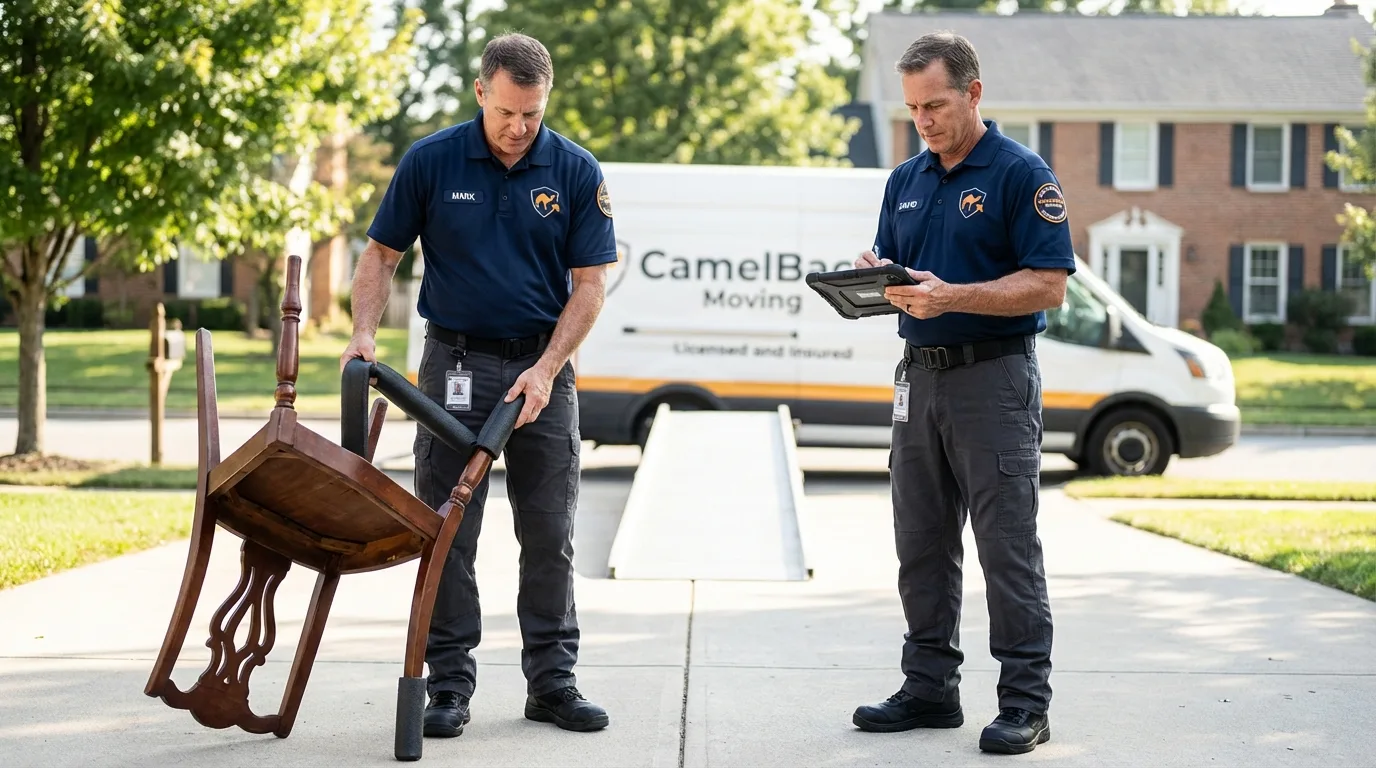 Movers inspecting furniture for damage prevention before loading in Iron River, MI
