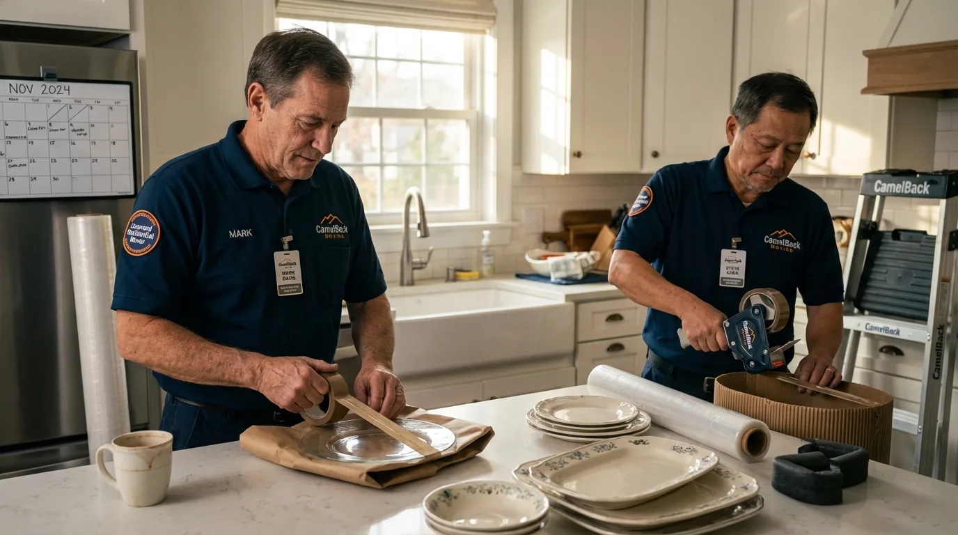 Professional crew packing kitchen dishware in Iron River, MI